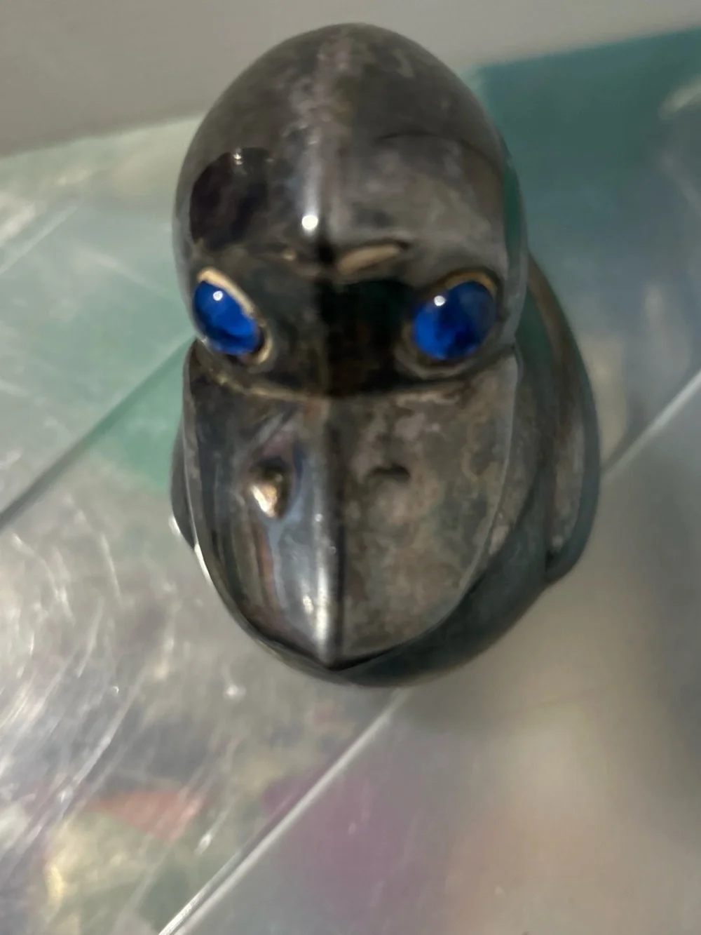Silver Duck Coin Bank with Blue Accent Eyes